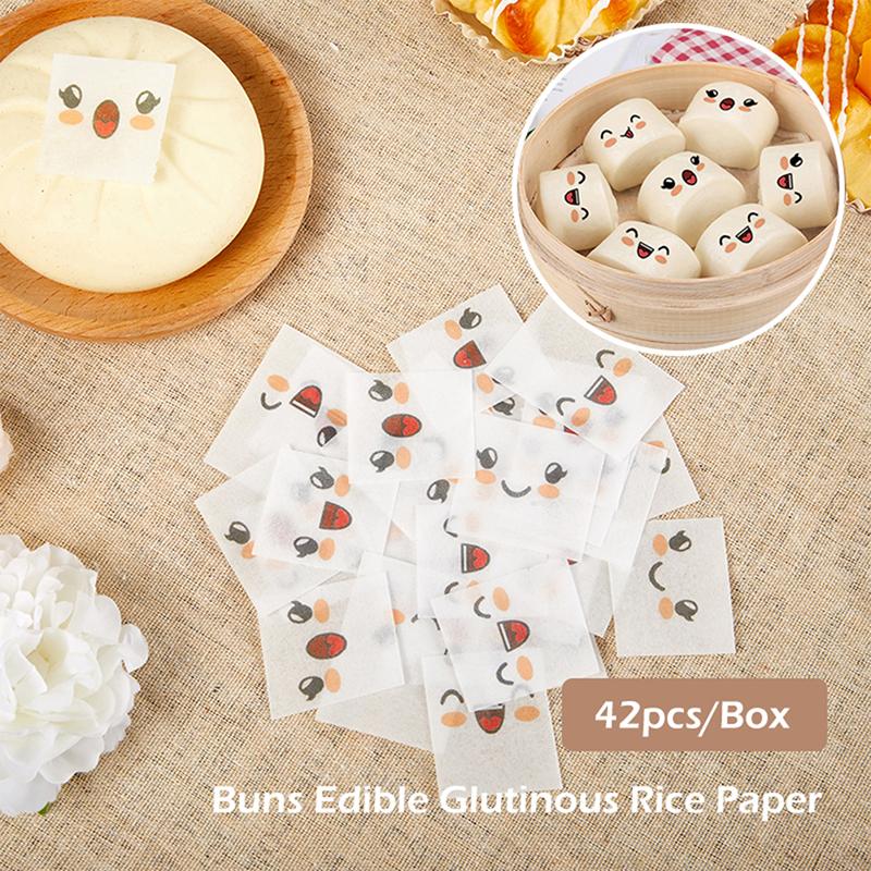 42Pcs Edible Glutinous Rice Paper Steamed Buns Cartoon Stickers Baking Paper