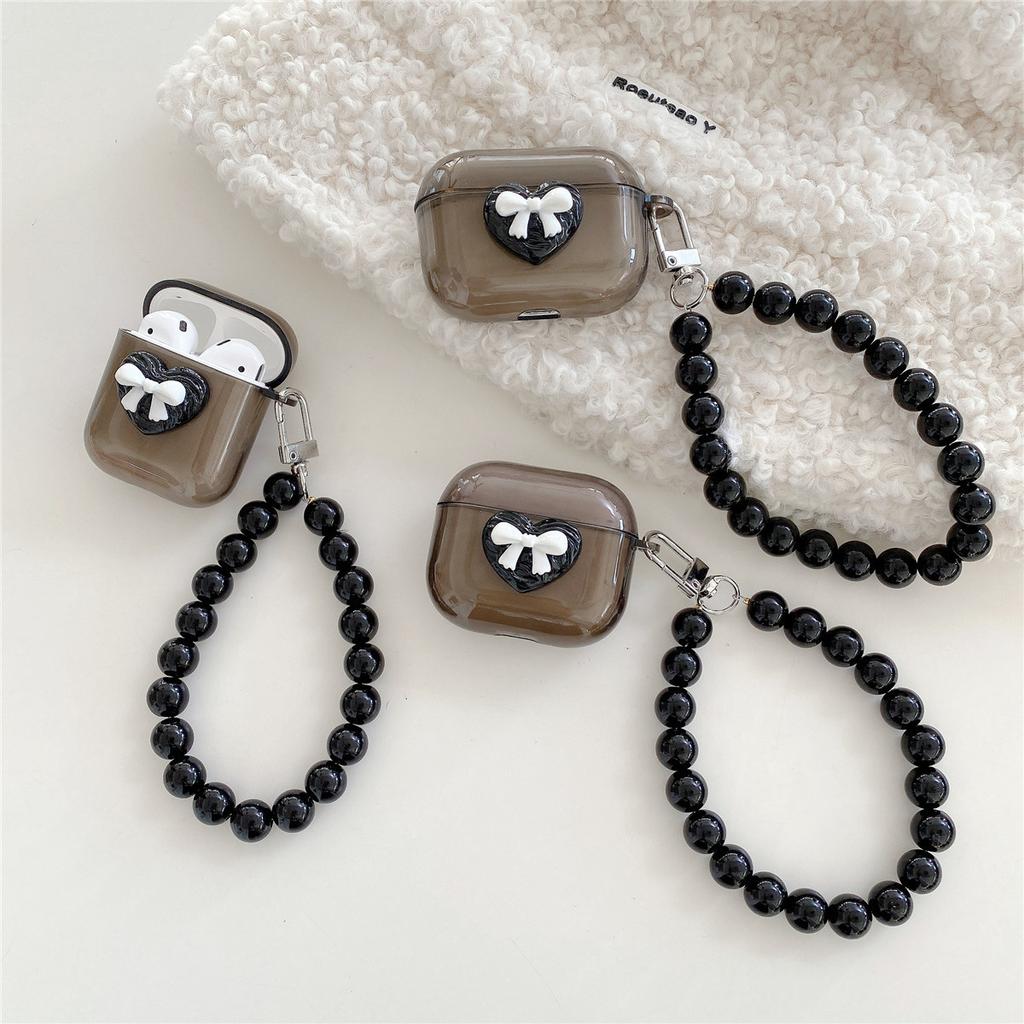 Transparent Black Heart-shaped Bow Compatible with Apple AirPods 1st Generation Bluetooth Earphone Protective Case Pro1 Earphone Case 1st Generation