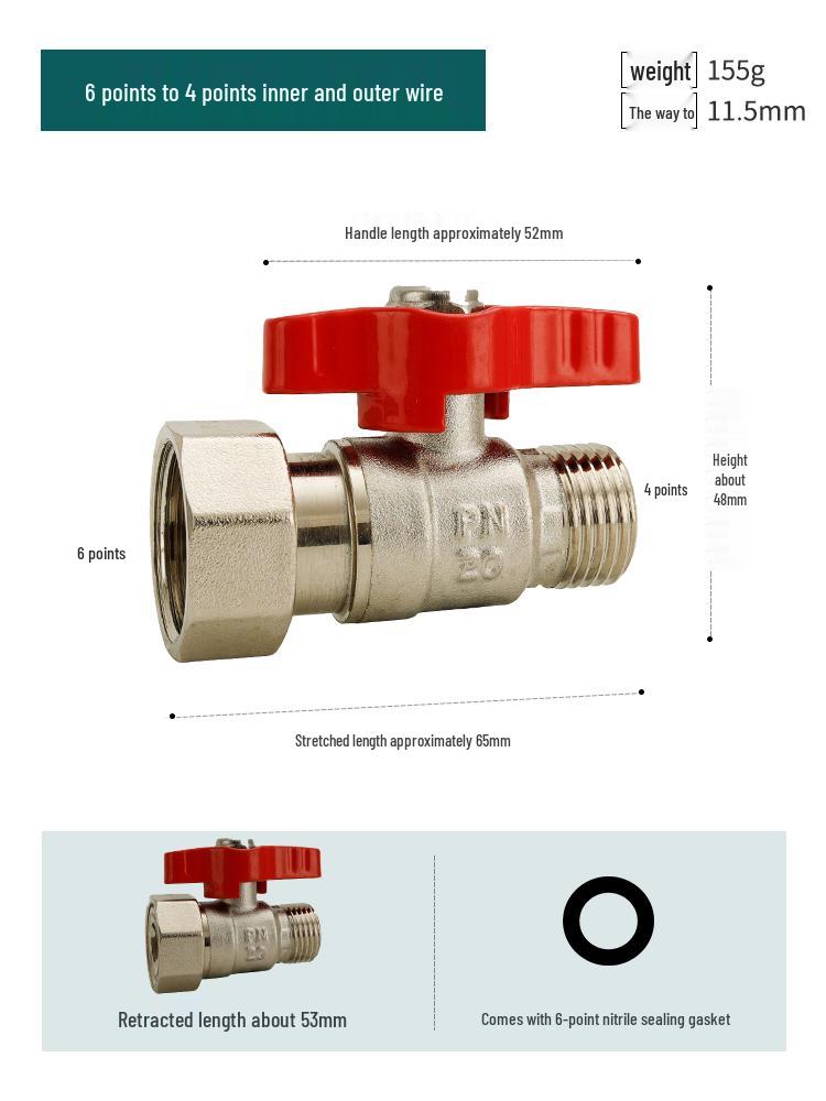 Full Copper Water Heater Union Ball Valve, Male/Female Thread, 6 to 4 Points Large Flow for Wall-Hung Boiler