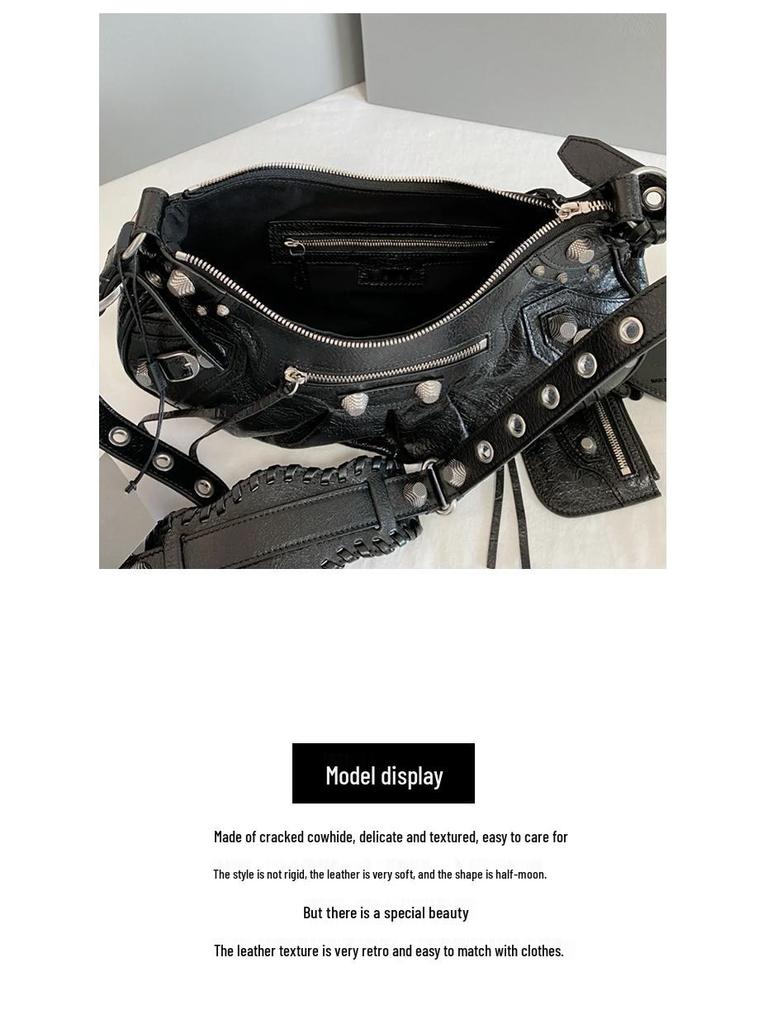 Women's 25 New B Motorcycle Bag: Underarm Rivet Tassel, Three-in-One Crescent Fold Cowhide Shoulder & Messenger Bag