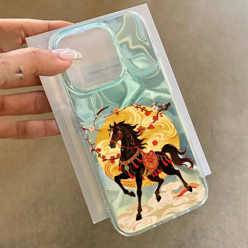 Lucky Gold Horse Water Texture Phone Case for iphone 17 Air 16 15 14 13 11 12 Pro Max 7 8 Plus X XS XR SE 2022 2020 16e Cover