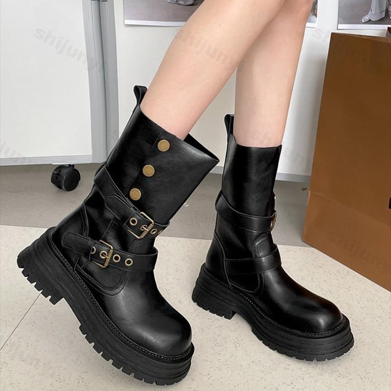 Fashion Women's Boots 2025 Autumn Fashion Retro Comfortable Anti Slip Britain Outdoor Long Boots Chunky Platform PU Leather Botas Mujer