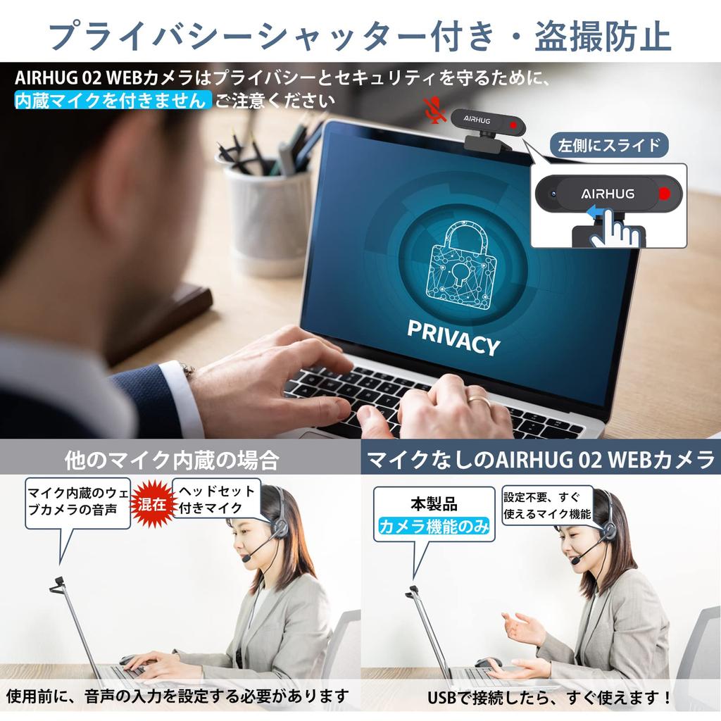 AIRHUG 2K HD No Wide Automatic Light Plug and Privacy Easy Installation with Camera for Web Video and Online Classes Webcam, Microphone, 5MP, 30FPS,