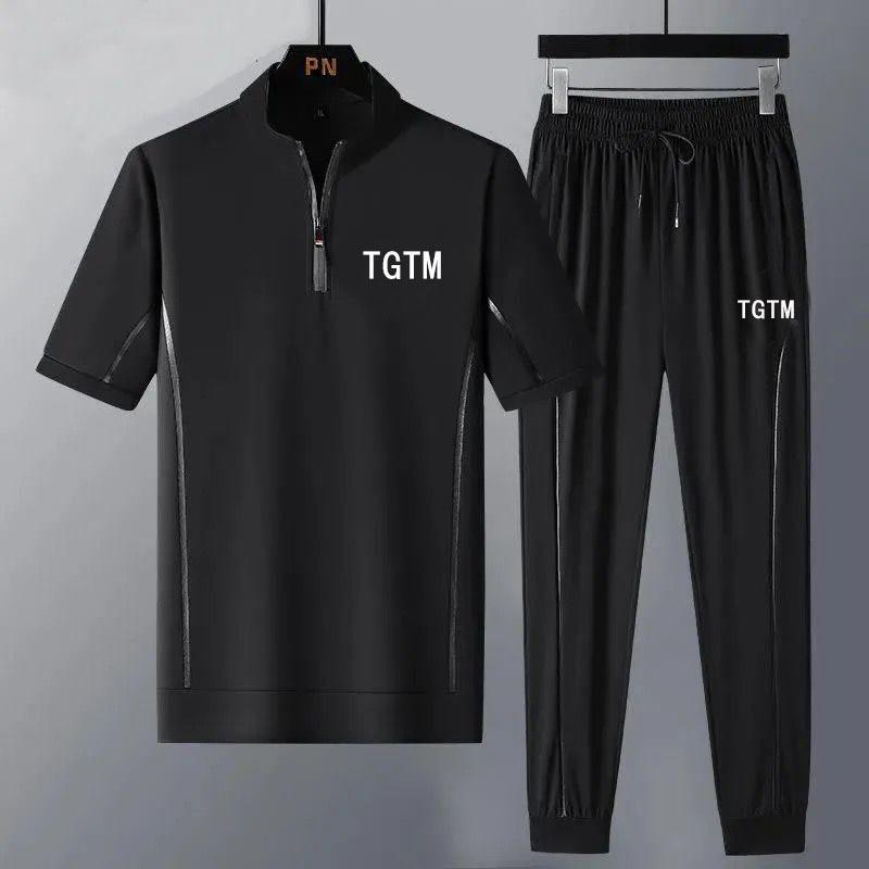 

Summer Ice Silk Cool Short Sleeve T-shirt Suit Men s Casual Loose Comfortable Large Size Two-Piece Set 5XL чорний