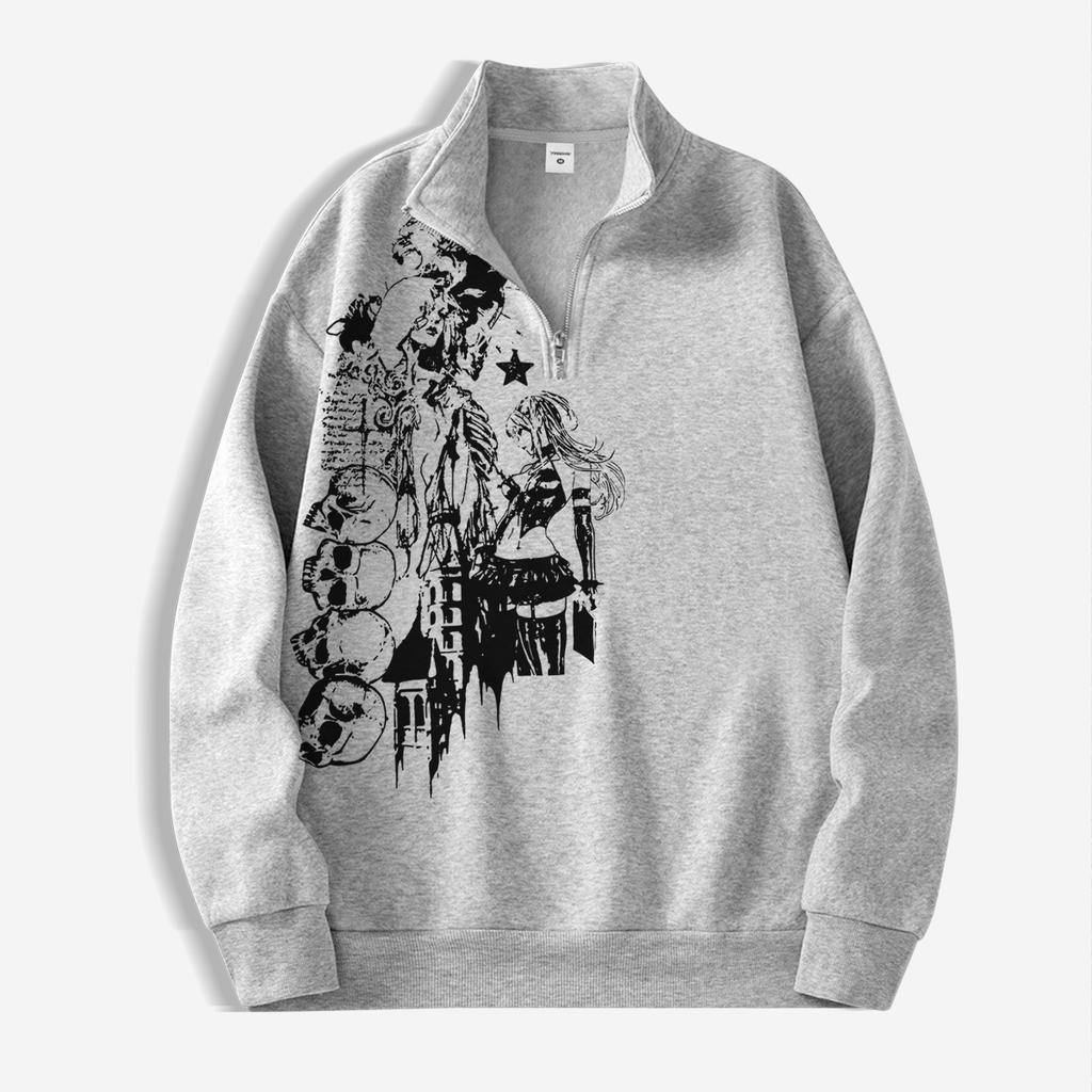 Anime Skeleton Girl Print Short-Zip Hoodie: Anime-Style Dark Punk Hoodie