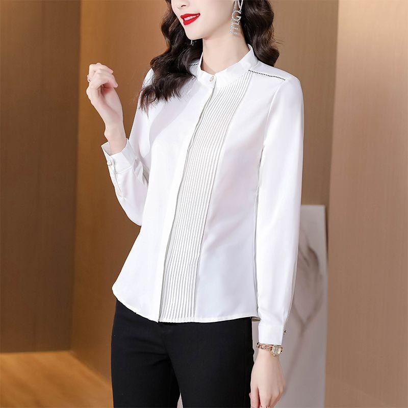 

Весна и Осень Новое Поступление Рабочая Одежда Ol Белая Стойка Воротник Со Сборками Однобортная Универсальная Рубашка с Длинным Рукавом Рубашка для Женщин White 2XL