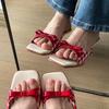 Bow red women's shoes plaid winter sandals 2024 open-toed square head word beautiful French women's cool slippers
