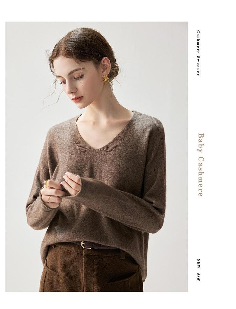 Autumn 2026 Women's Cashmere V-Neck Sweater – Elegant Solid Color, Rolled Hem, Loose Fit, Slimming, Warm Base Layer.