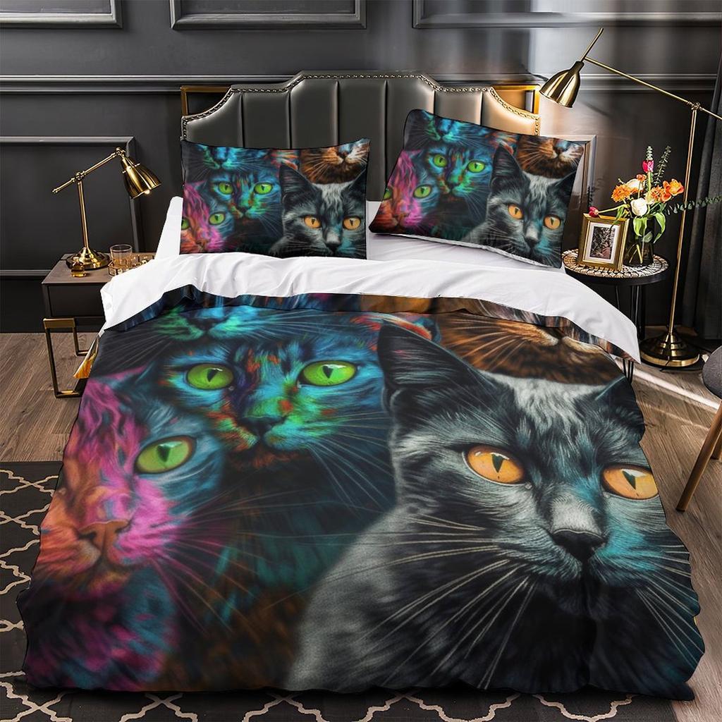 3D Digital Printing Color Cat Series Quilt Cover Pillowcase Two Or Three-Piece Set Polyester Abraded