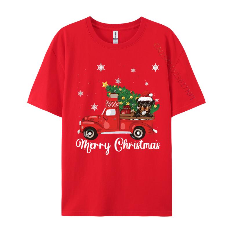 Rottweiler Dog Riding Red Truck Christmas Tshirt Novelty Tee Shirts Vintage Cotton Tops Tee Graphic T Shirts Men Cotton