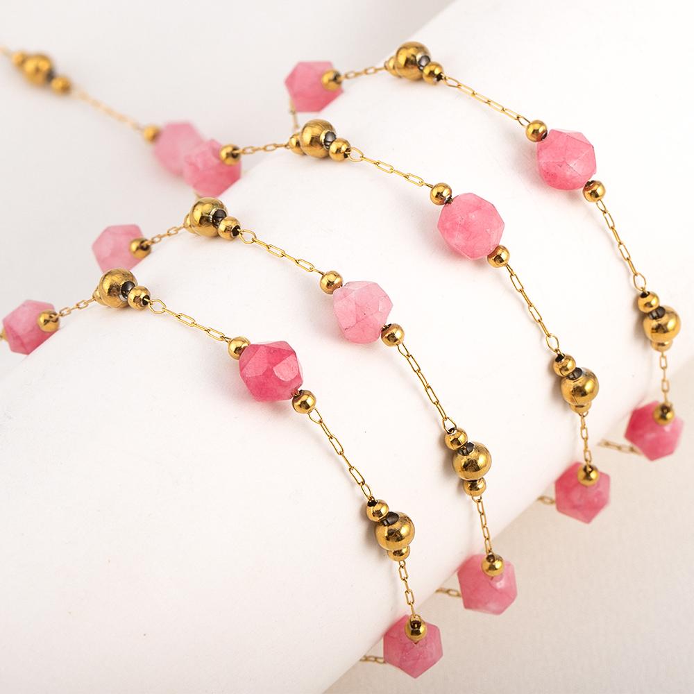 1meter Irregular Romantic Pink Stone Beaded Chain Stainless Steel Necklaces Chains Boho Anklet Bracelets for DIY Jewelry Making