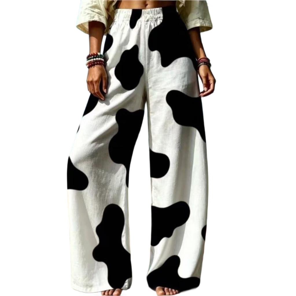 Women's Digital Print High Waist Wide Leg Pants with Polka Dot and Striped Pattern, Loose Casual Fit