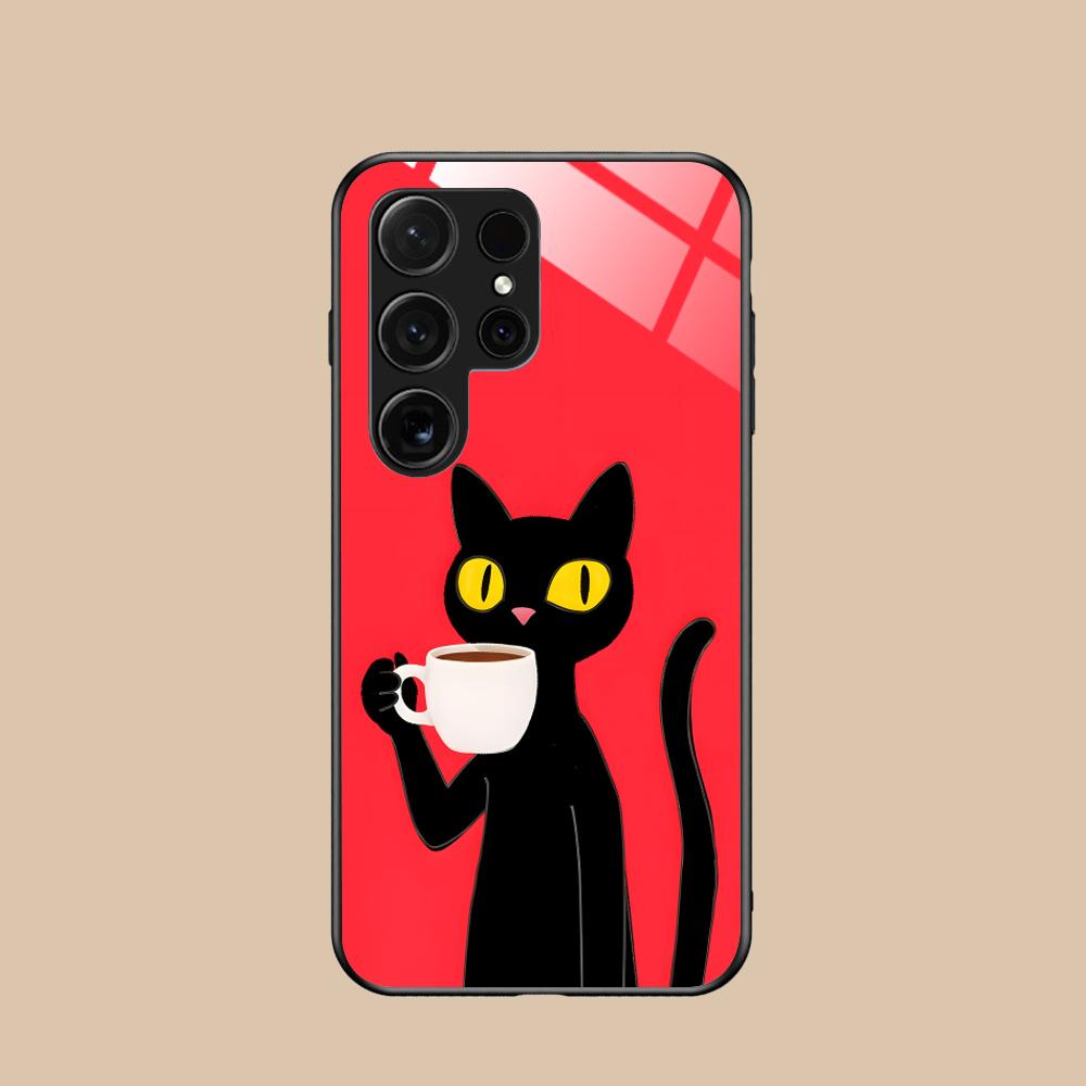 Cute Coffee Cat Glass Mobile Phone Case for Samsung Galaxy S26 S25 S24 S23 S22 S21 S20 Note20 Plus FE Ultra Colorful Cover