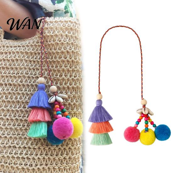 Fur Ball Bag Charm Tassel Pendant Retro Ethnic Style Straw Canvas Tote Decor Colorful Keychain Handbag Accessory Summer Beach