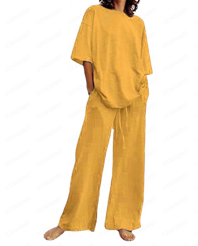 

Женский летний костюм-двойка: Повседневный топ с поясом и полурукавами и брюки широкого кроя от Temuxiyin XXL жёлтый