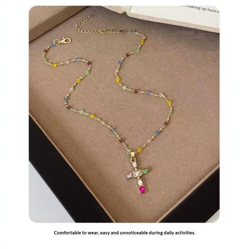 Fashion Colorful Zircon Cross Pendant Necklace For Women Stainless Steel Silver Color Charm Religious Necklaces Jewelry