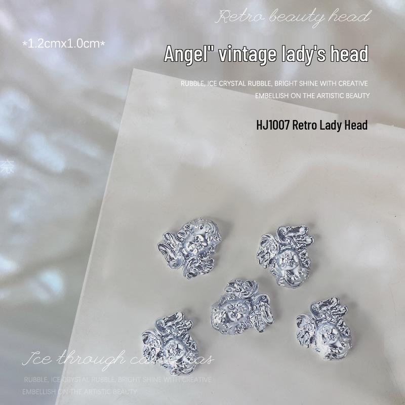 Baroque Angel Relief 3D Nail Art Decorations - Vintage White Metal, 5 Pieces