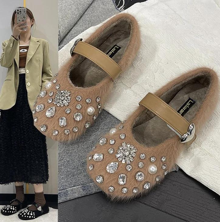 Fashion Shoes Woman 2025 Autumn Crystal Loafers Fur Casual Female Sneakers Square Toe Flats New Fall Rhinestone Comfortable Boat Winter