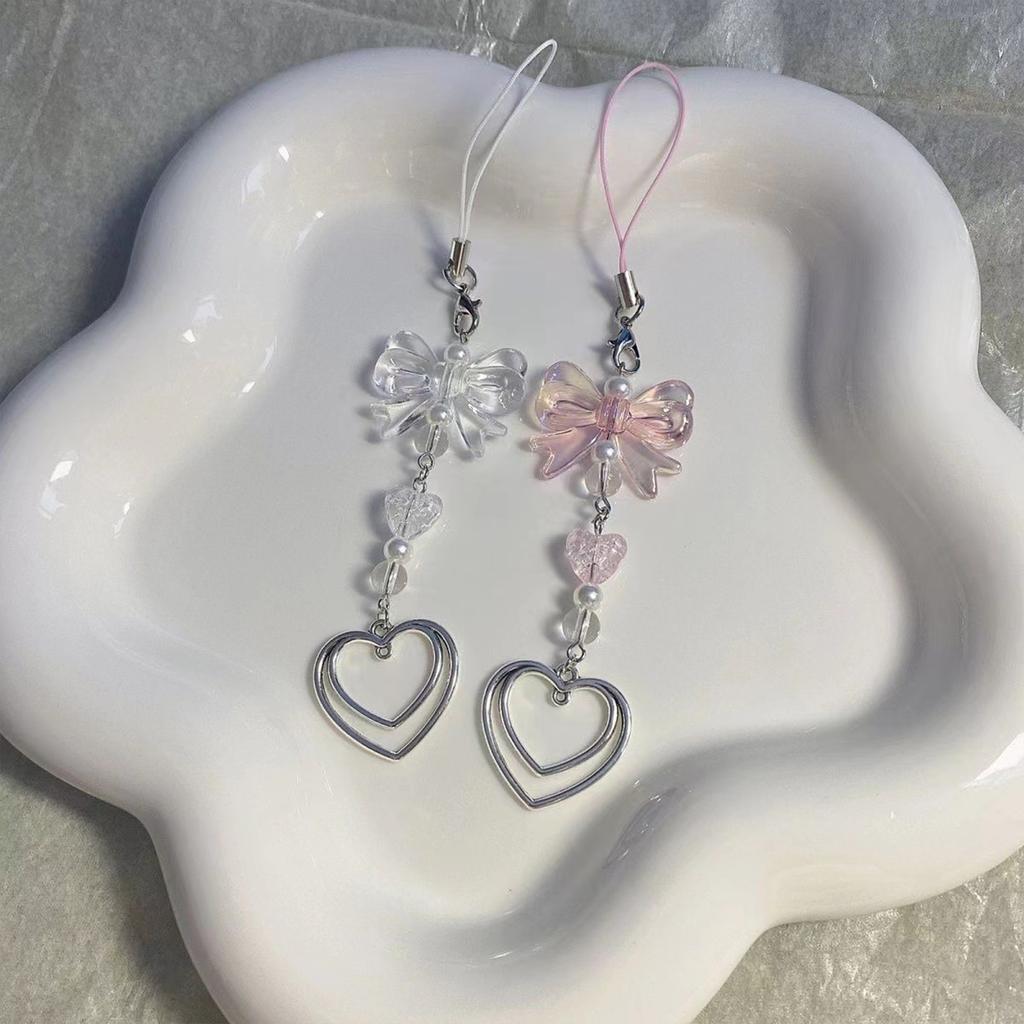 Bowknot Heart Pendant Cellphone Strap Phone Chain Detachable Bow Phone Lanyard Handmade Keychains for Wallet Bags