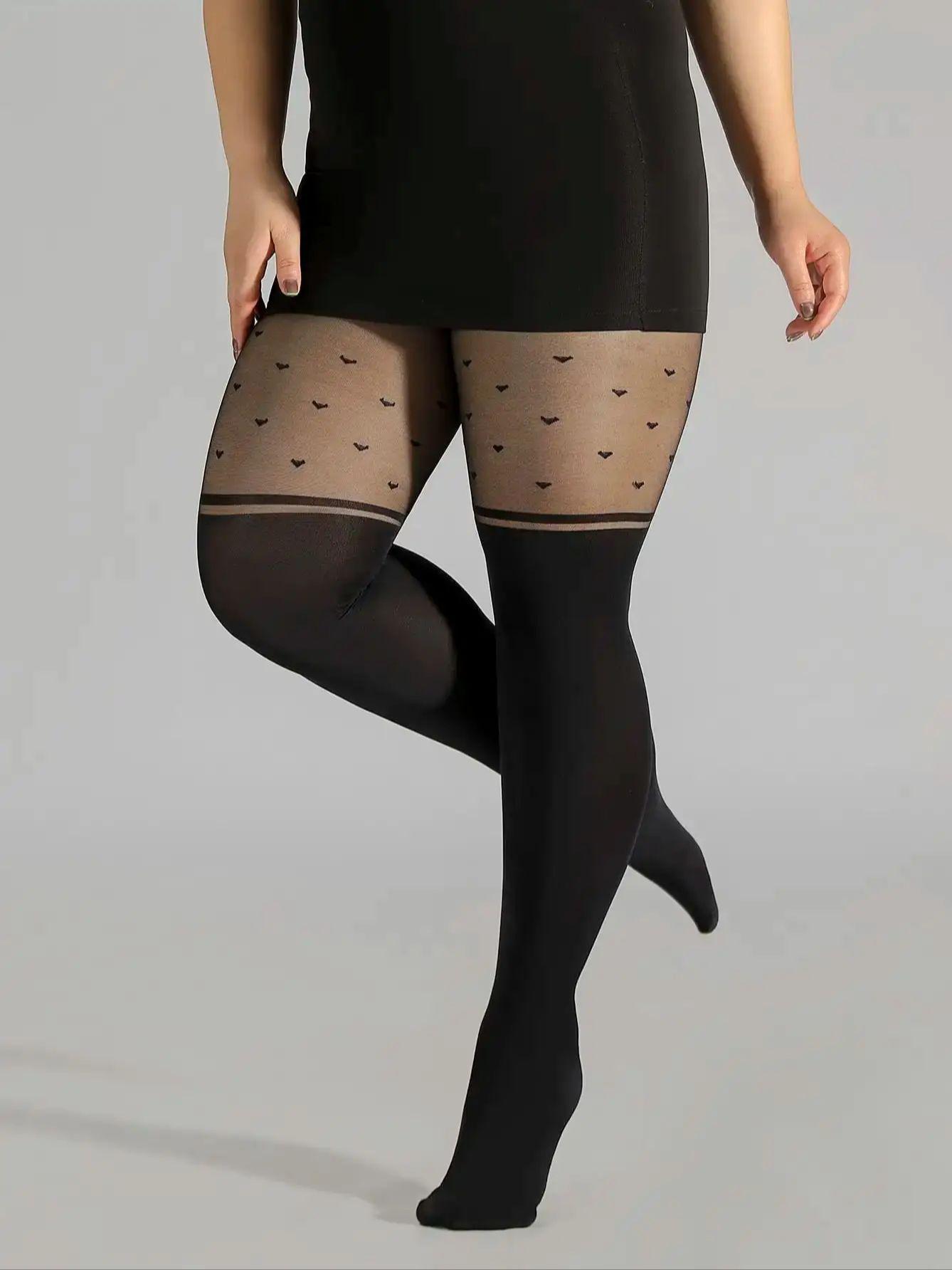 

Plus Size Fashion Kawaii Stockings Black Dot Women S Plus Heart Jacquard Colorblock High Rise Stockings Q1-Q2