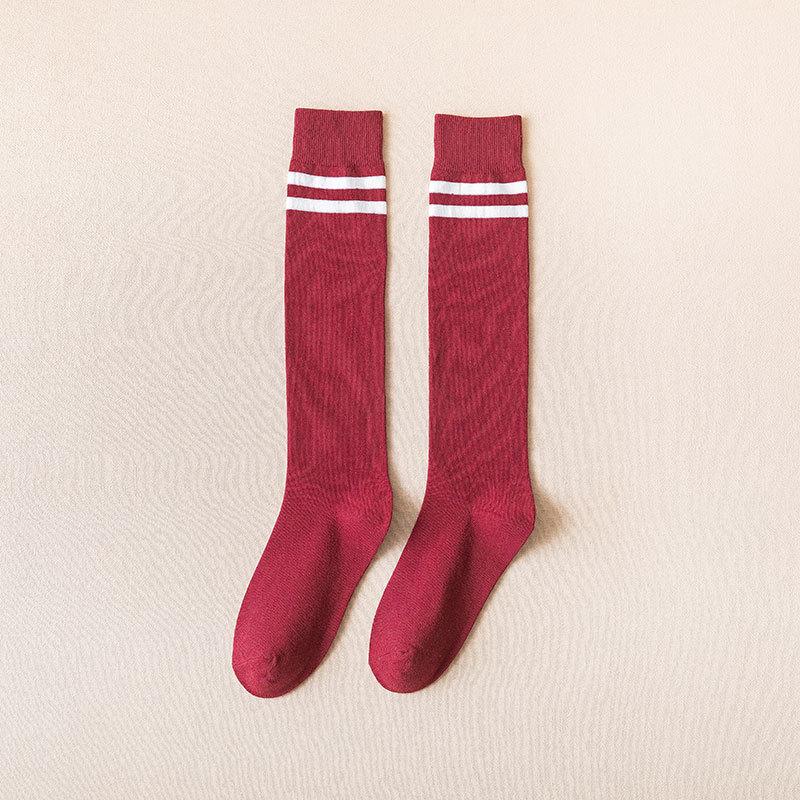 Women's Two-Stripe High Knee Cotton Socks - Black (Spring, Autumn, Winter Fashion)