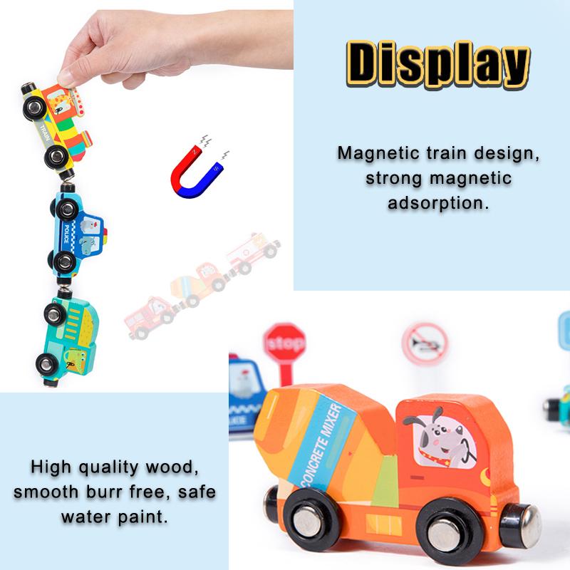 Montessori Wooden Toys Magnetic Small Train DIY Traffic Sign Recognition Vehicle Cognition Car Models Children Educational Toys