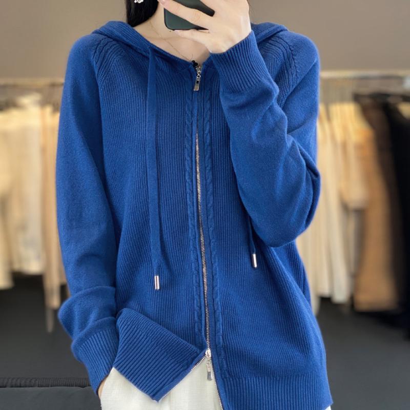 Dámský kardigan s kapucí na dvojitý zip pro podzimní a zimní módu Všestranná teplá pletená bunda Všestranná mikina s dlouhým rukávem