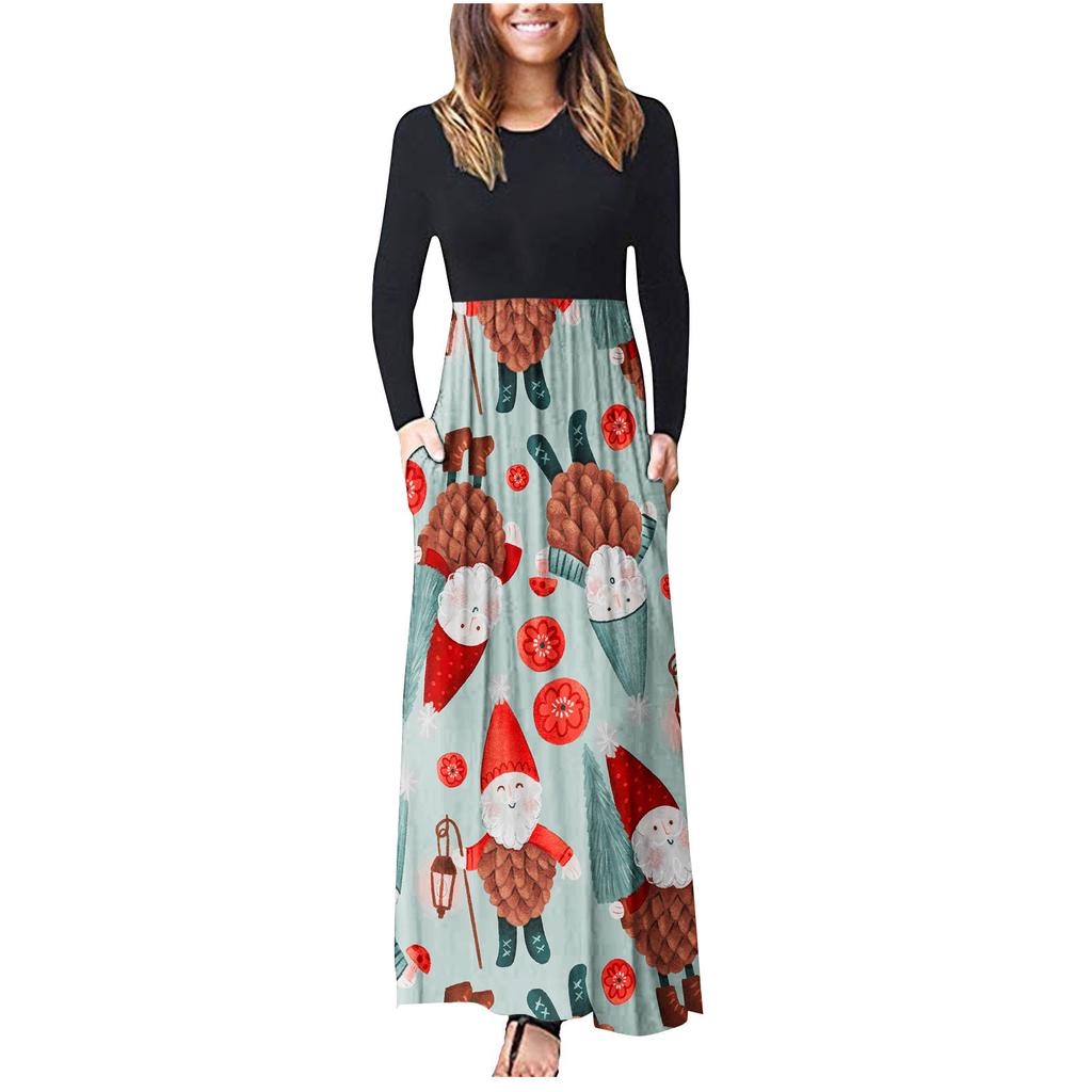 Women's Casual Long Sleeve Round Neck Christmas Print Dress
