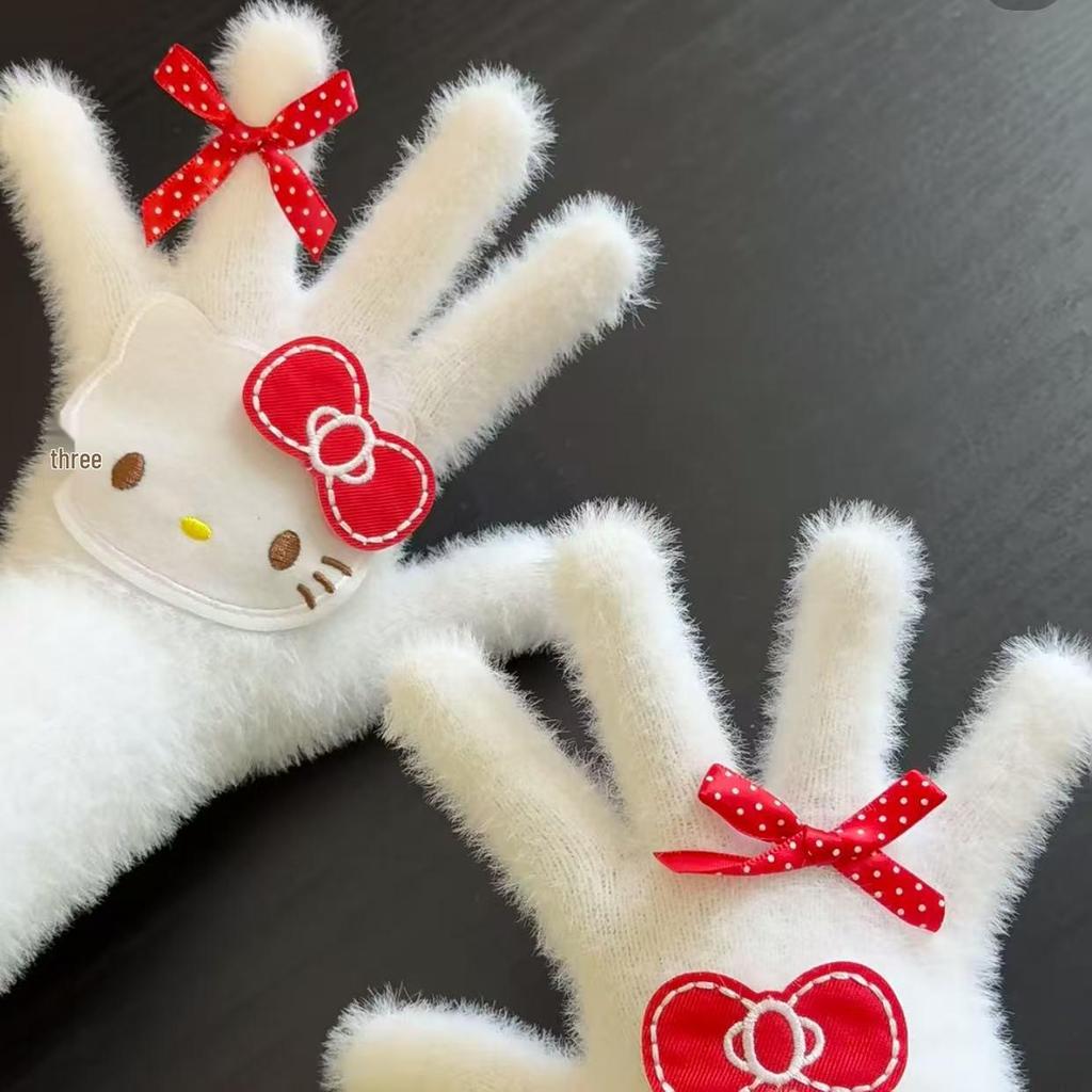 Women's Winter 2025 Retro Plaid Kitty Gloves: Warm Five-Finger Cycling Cold Protection