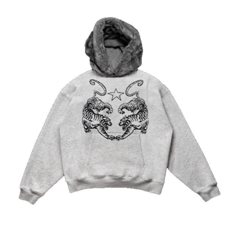 Y2K Retro Hoodie With Faux Fur Trim Print Graphic Sweatshirt Women Men Long Sleeve Winter Warm Thickened