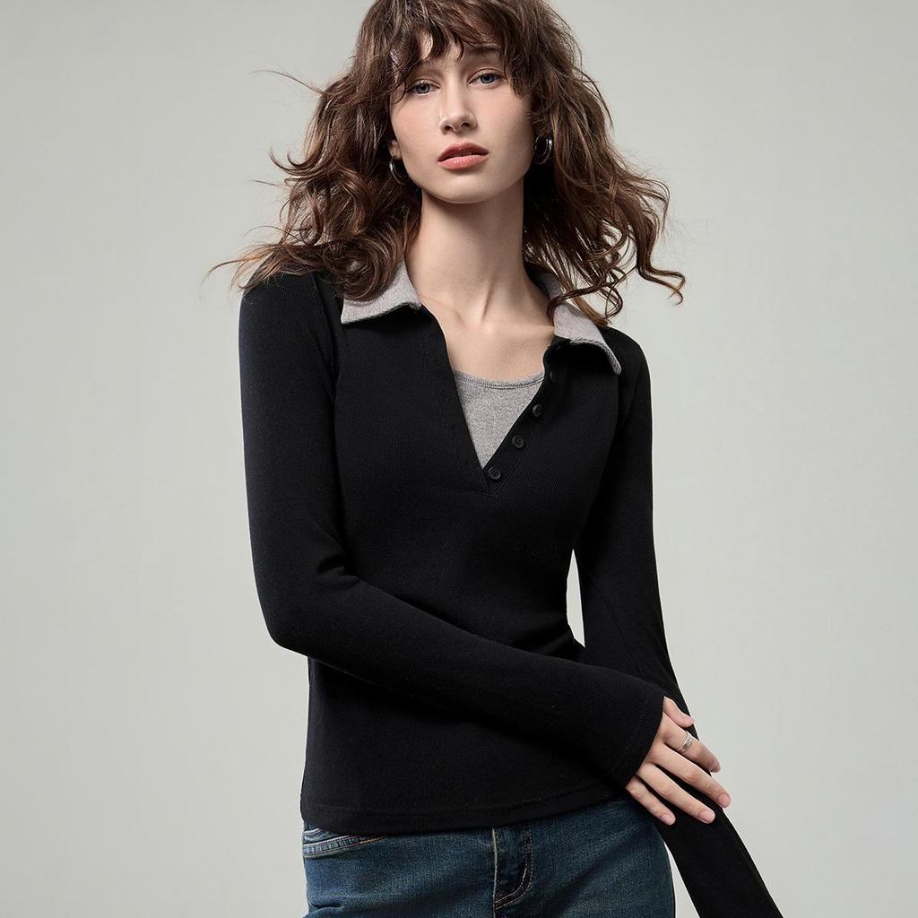 Women's Color Block Henley Polo Long Sleeve Slim Fit T-Shirt (Autumn 2025 Collection)