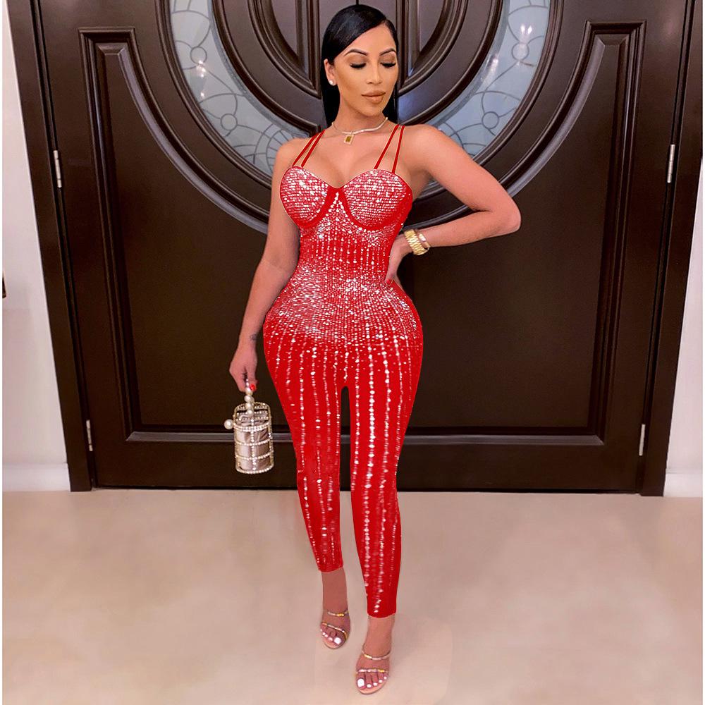 

S390250 Женский Модный Сексуальный Сетчатый Прозрачный Комбинезон Без Рукавов на Бретелях-Спагетти с Дизайном Горячей Сверловки M красный