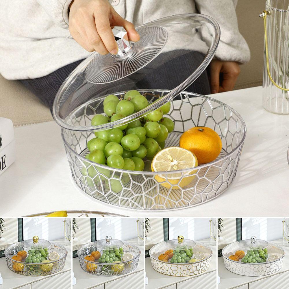 New Round Fruit Plate with Lid Transparent Fruit Tray Stone Grain Fruit Tray Desktop Sundries Storage Box Fruit Bowl