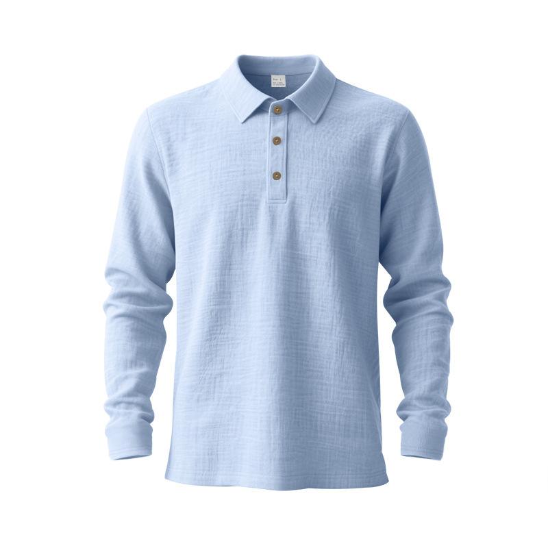Spring Loose-Fit Solid-Colour Collared Casual Business Men's Long-Sleeved Linen Polo Shirt