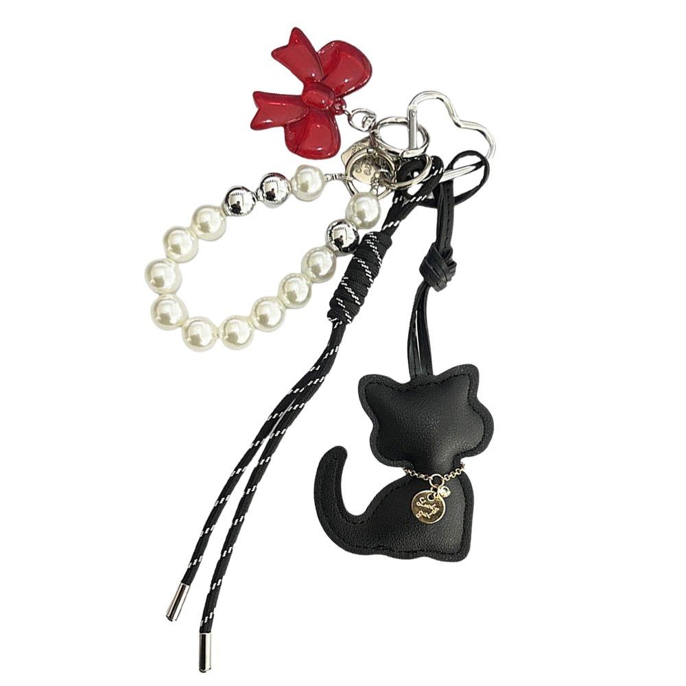 

Pearl String Cat Bead Rope Keychain Cartoon Bag Hanging Charms Leather Cat Pendant Gift чорний