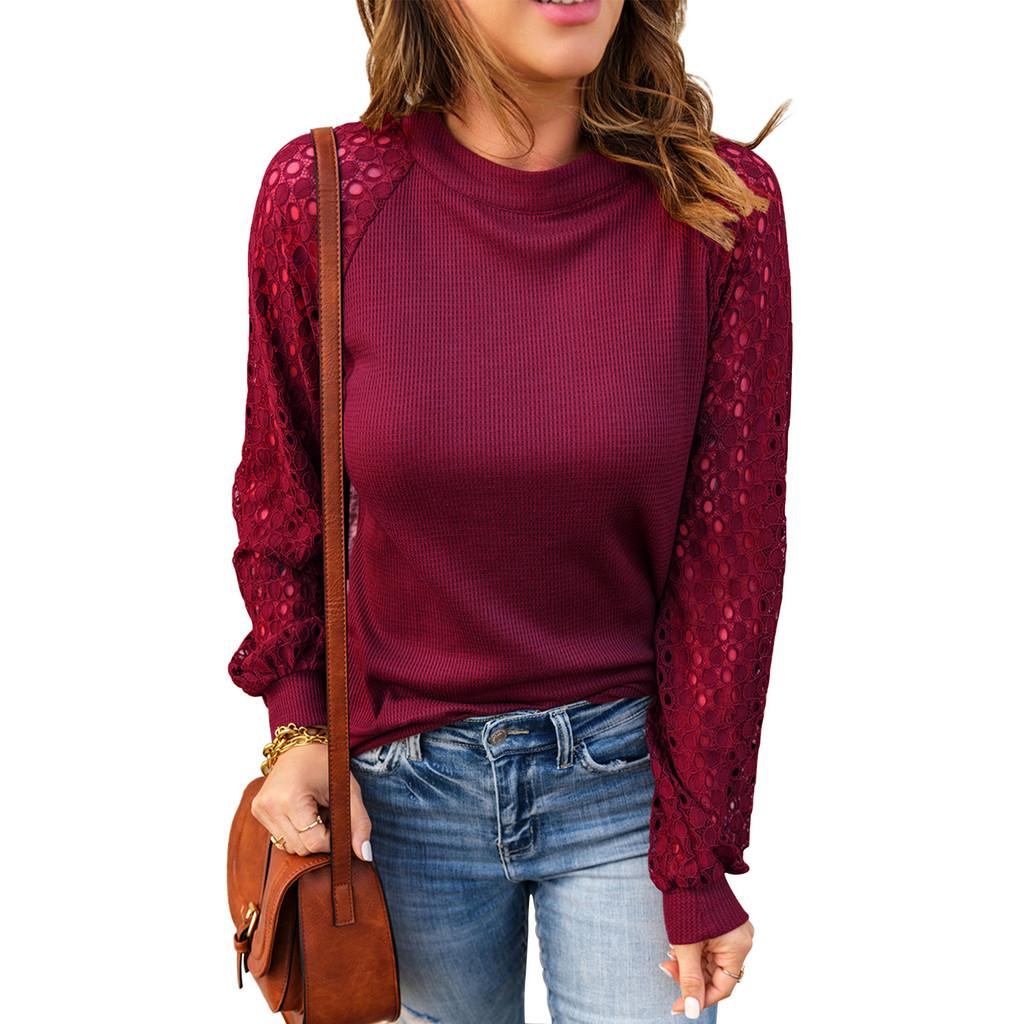 Elegant Long Sleeve T Shirt For Women With Lace Patching Polyester Splicing For Winter Wear