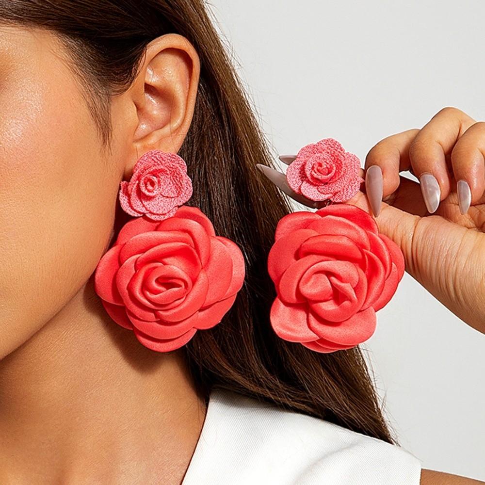 1 Pair Multi-Color Flower Stud Earrings Large Fabric Floral Earring Gentle Fresh Drop Earrings Simulated Floral Earrings