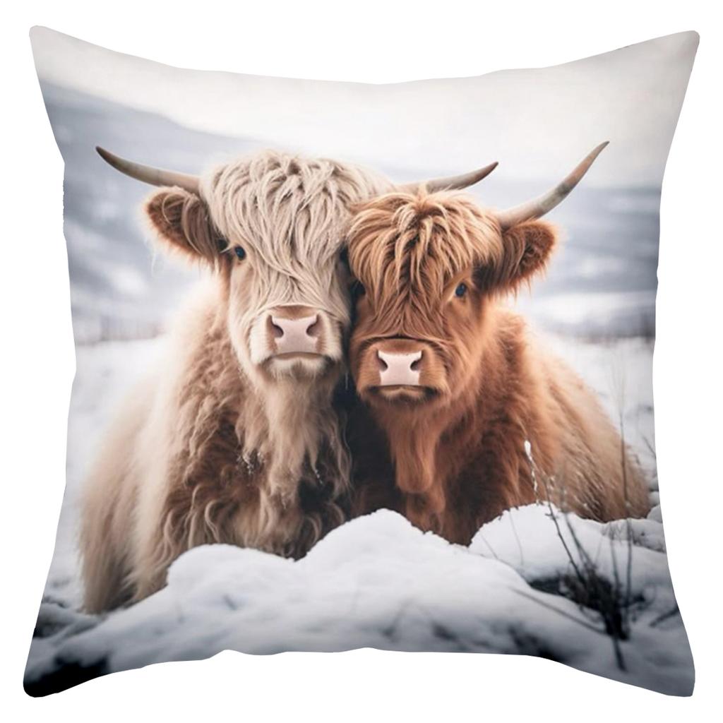 Cute Highland Cows and Goats Winter Pattern Cushion Covers Polyester pillowcase, sofa decorative cushion cov Headboard Pillow