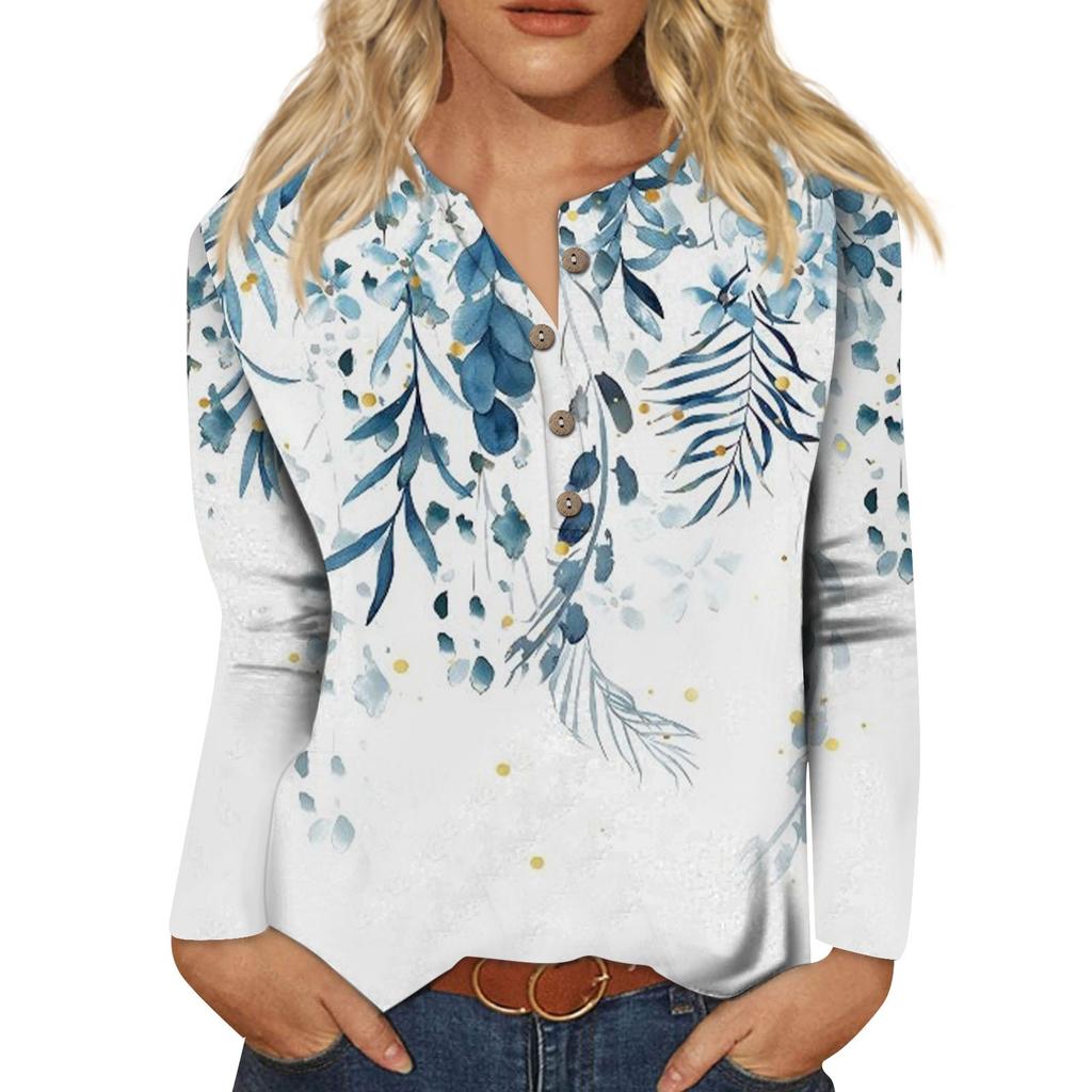 Damen Neues T-Shirt mit Knopfkragen, modischer Druck, lange Ärmel, Retro-Druck, schmales Oberteil, lässige Oberteile