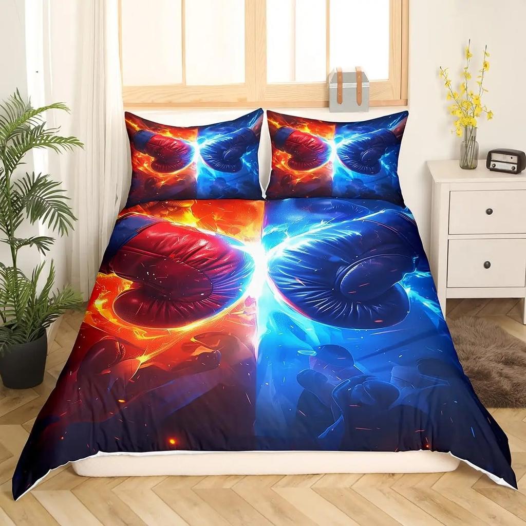 Boxing Sport Duvet Cover King Queen Golden Boxing Gloves Bedding Set Yellow Fire Print Comforter Cover Microfiber Quilt Cover