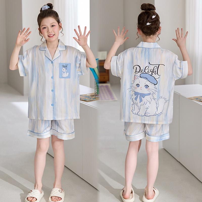 2026 Girls Ice Silk Pajamas Short Sleeve Cartoon Print Lightweight Sleepwear Ages 8