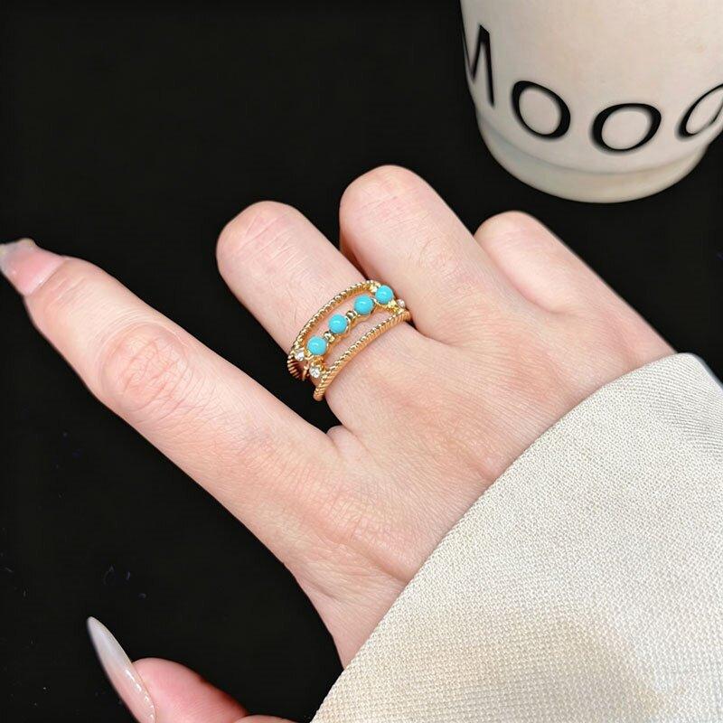 Retro High-end Sense Gold Turquoise Stacked Ring Women's Light Luxury Fashion Temperament Fashion Style Versatile Index Finger Ring