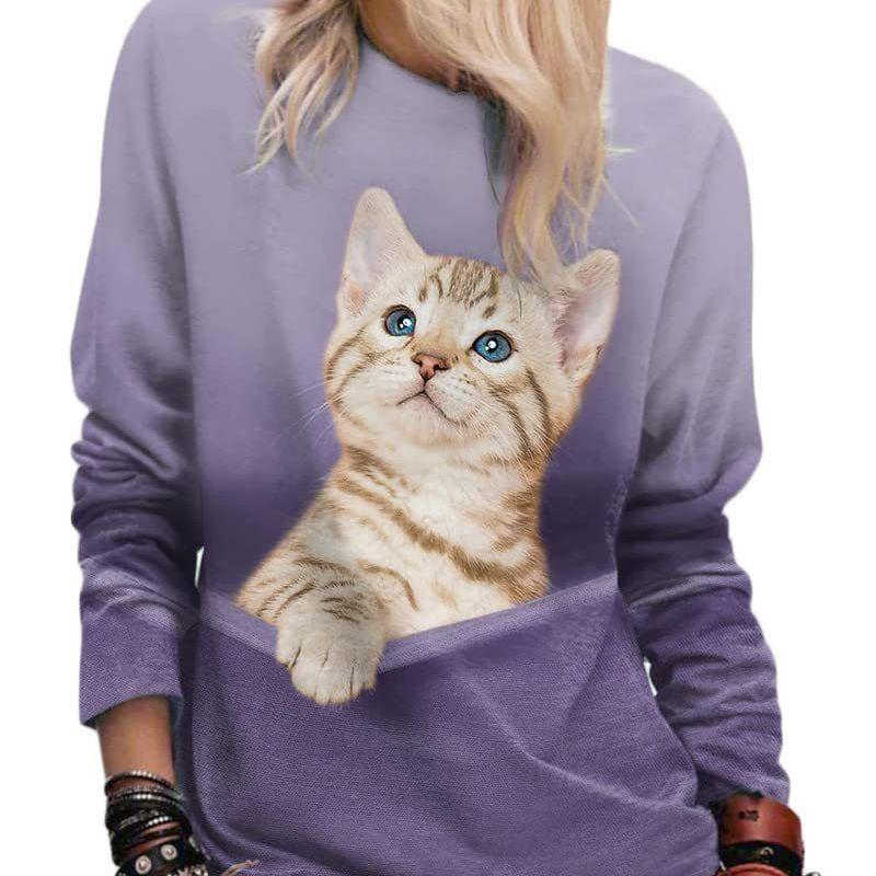 

Весенне-осенние футболки с круглым вырезом и милым кошачьим узором с 3D-принтом, модные повседневные женские футболки с длинным рукавом S
