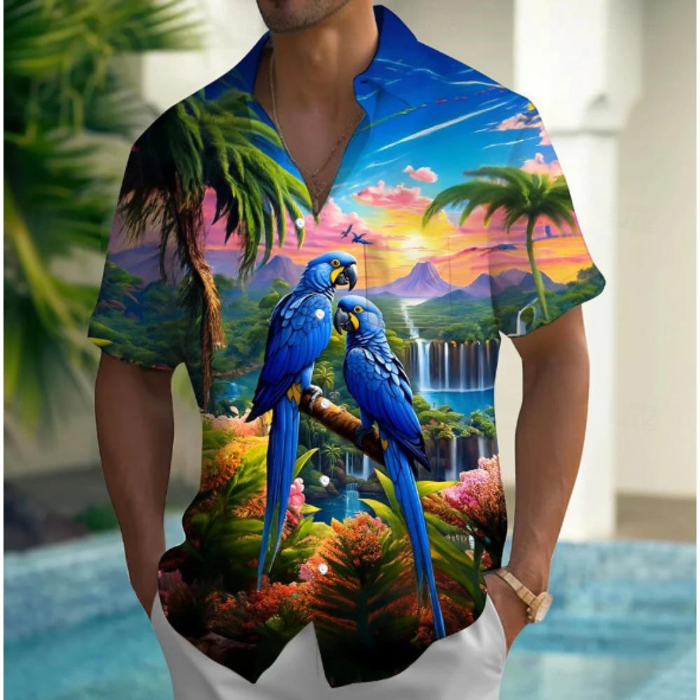 Men's Parrot 3D Print Shirt Button Up Shirt Casual Shirt Summer Shirt Short Sleeve Daily Vacation Clothing