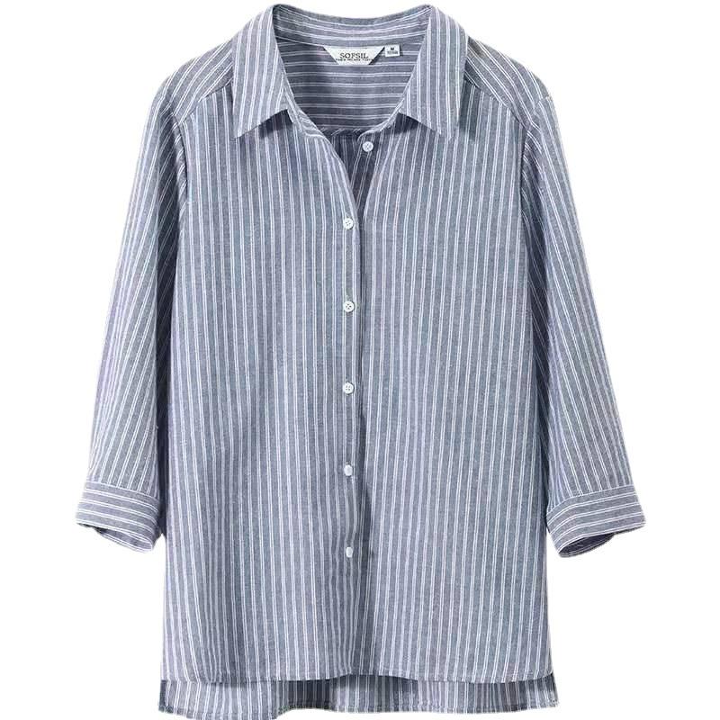 Μπλε Ριγέ Πουκάμισο για Γυναίκες Άνοιξη Καλοκαίρι με Μανίκια Τρία Τέταρτα Άνετη Σχεδίαση Τοπ Πουκάμισο για Γυναίκες Μπλούζες & Πουκάμισα