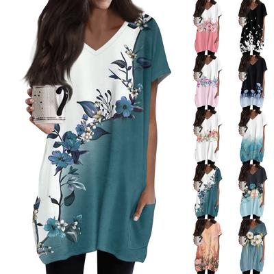 Womens Tops V-neck Short Sleeve Blouses Casual Mid-length Shirts Fashion Print Tunic Tops With Pockets