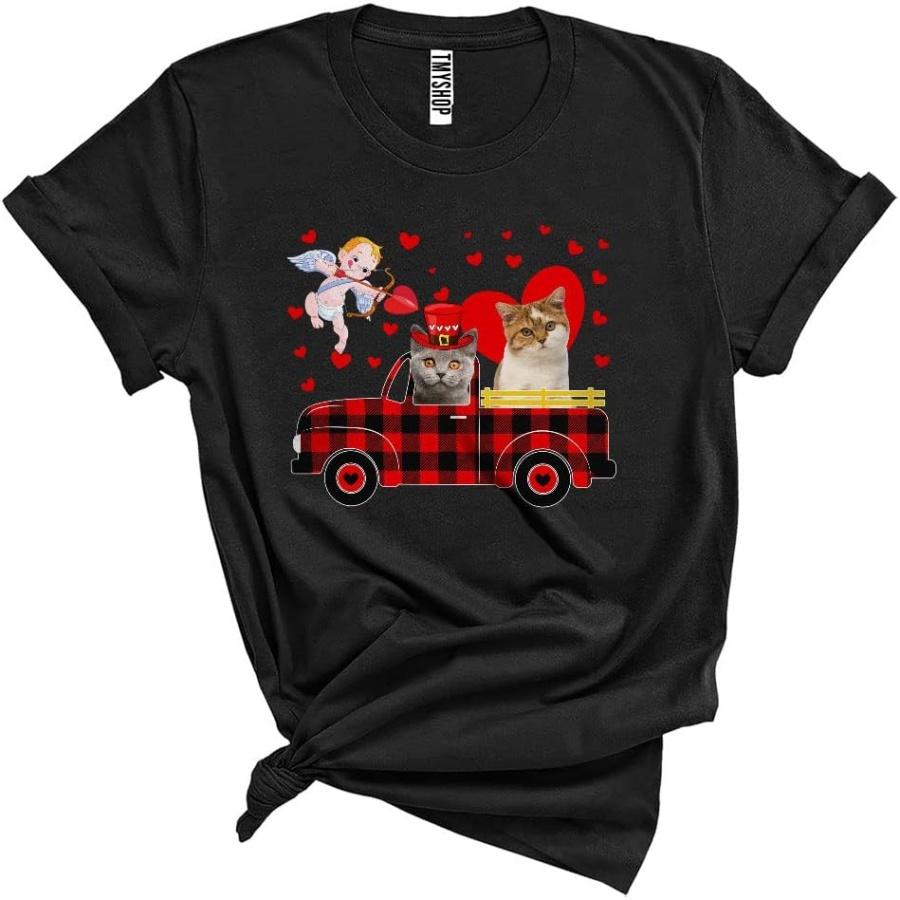 British Shorthair Cats Riding Red Plaid Pickup Truck Funny Cool Valentine Matching Cat Pet Lover Unisex T-Shirt S