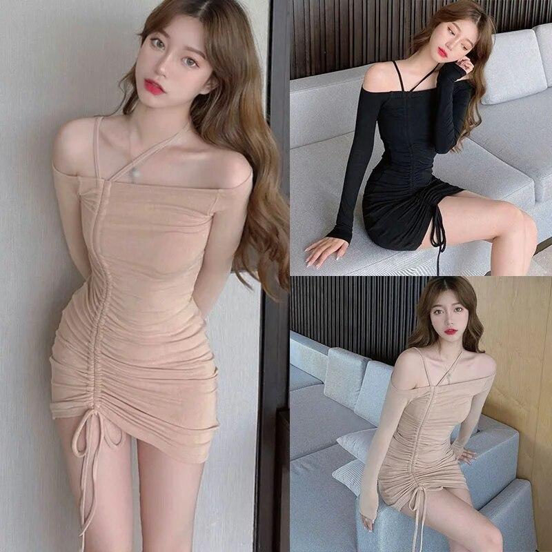 Damen-Kleid mit Slash-Ausschnitt, hängendem Hals, Kordelzug, einfarbig, langärmelig