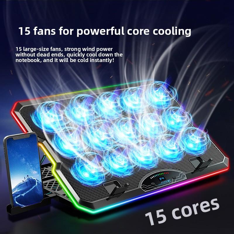 Laptop Cooling Pad 15 Fans RGB Light LCD Display Adjustable Speed Notebook Cooler Stand