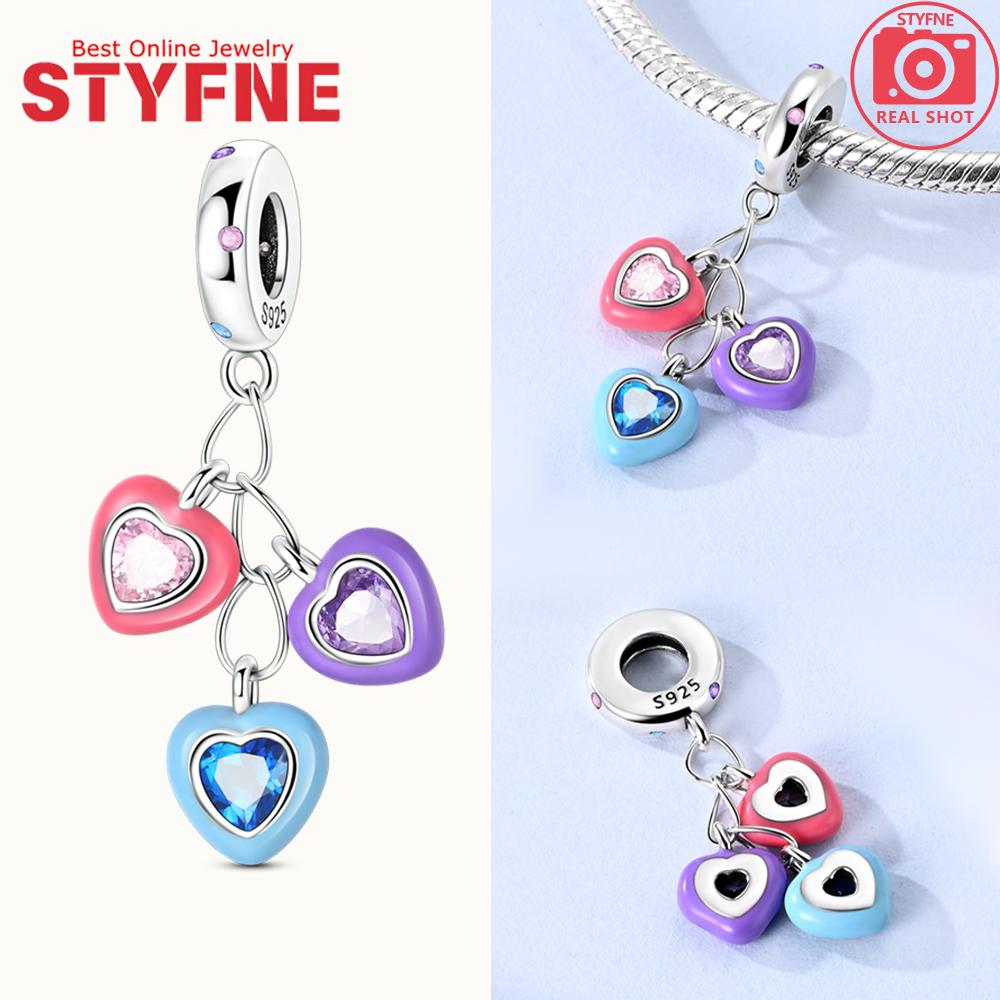 Silver 925 Colored Zircon Heart-shaped Pendant Beads Charm Fit Bracelet Jewelry Making Fine Gift for Women